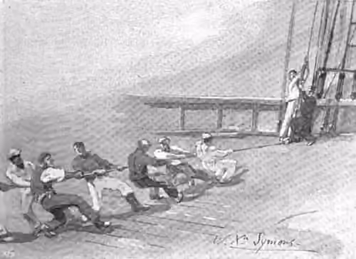 puji-pujian laut — Illustration of sailors hauling on halyard, from an article on sailor chanteys.
