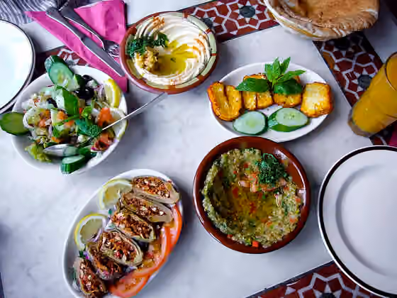 hidangan Levant — Beginning at lower left of center, and continuing clockwise: makdous, syrian salad, hummus, haloumi and baba ganouj, with pita bread partially visible at upper right corner of photo.