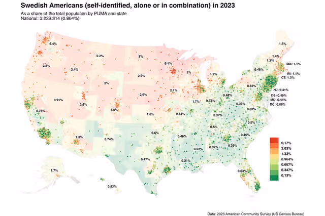 Swedia Amerika — Map of Swedish Americans in 2023.