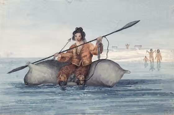 Sadlermiut — Sadlermiut man on an inflated walrus skin.