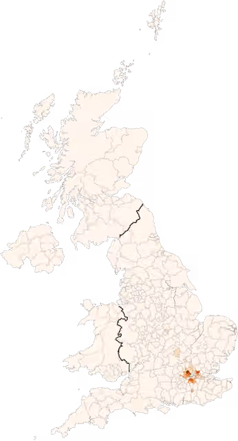 British Sri Lankans — Counties of the UK shaded by the percentage that wrote in "Sri Lankan" as their ethnic group.