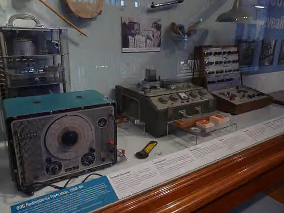 Hauntology (music) — BBC Radiophonic Workshop, 1958-98 Ferrograph Tape Recorder Tape splicing block Tape loop guides Tape loops Sound Source Beat Frequency Oscillator, Leland Instruments Ltd., London W.C.I EMS The Putney (VCS3)