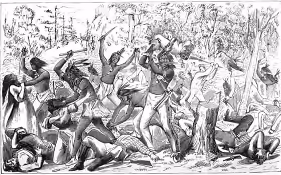 Potawatomi — An artist's depiction of the 1832 Indian Creek Massacre during the Black Hawk War.