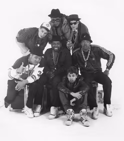 Golden age hip-hop — Run-DMC and the Beastie Boys in a press photo for their Together Forever Tour in 1987.