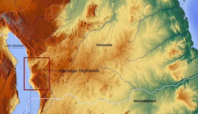 Matengo people — Map showing the apprxoimate location of the Matengo Highlands in Tanzania