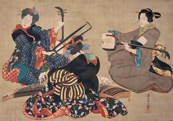 Musik Jepang — painting of playing Sankyoku, color on silk.