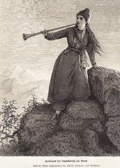 Sámi music — A Nordic Sami woman playing lur horn in the evening.