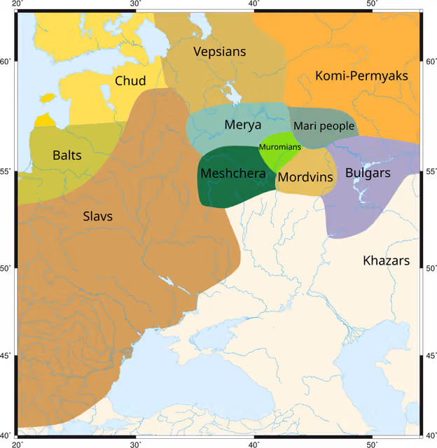 Meshchera people — English language version of the map of the peoples of the East European Plain at the turn of 1st to 2nd millennium CE.