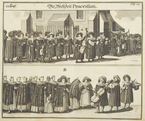 Wedding music — Illustration from Juedisches Ceremoniel, a German book published in Nürnberg in 1724 by Peter Conrad Monath.