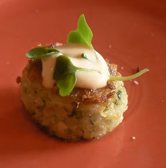 Crab cake — a garnished crabcake .
