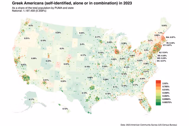 Yunani Amerika — Map of Greek Americans in 2023.