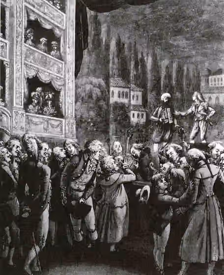 Singspiel — Wolfgang Amadeus Mozart (center) attended a performance of his own opera Die Entführung aus dem Serail in Berlin in 1789.