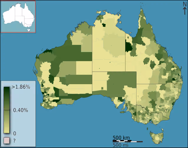 Filipino Australians — People born in the Philippines as a fraction of total persons, in Australia, Australia, according to the 2011 census results.