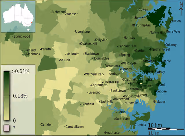 Canadian Australians — People born in Canada as a fraction of total persons, in Inner Sydney, Australia, according to the 2011 census results.