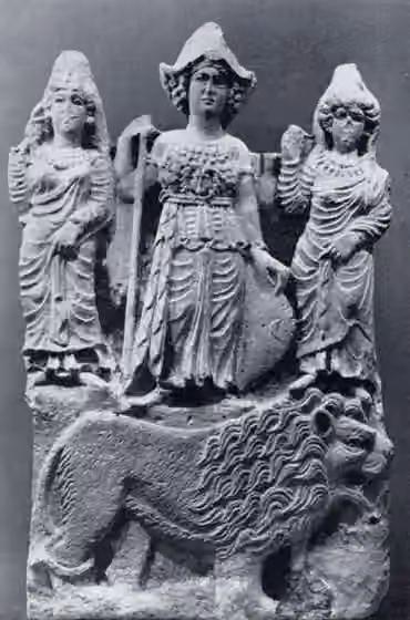 Bani Bakar — The Arabian goddess Allat standing on a lion flanked by two female figures (Manat and al-Uzza?).