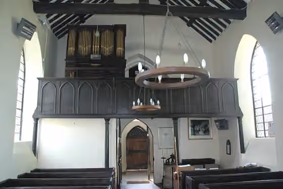 West gallery music — Church of England parish church of St Mary, Ardley, Oxfordshire: interior of nave, looking west to West Gallery added in 1834.