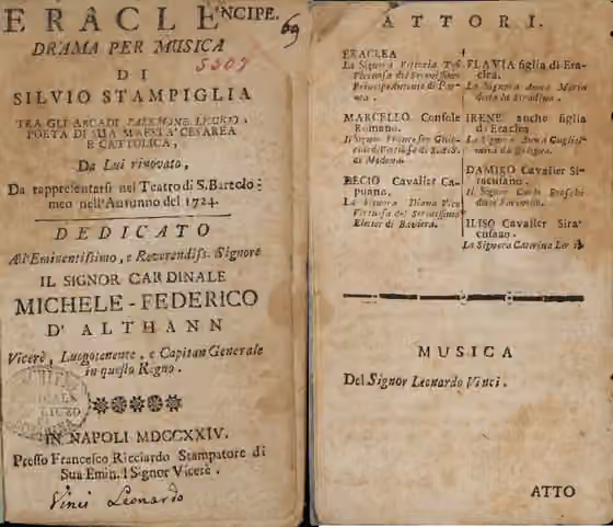 Opera seria — Title page and cast from the libretto of the 1724 Naples premiere of l'Eraclea by Leonardo Vinci