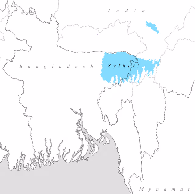 suku Sylheti — Map of the native Sylheti speaking areas of South Asia.