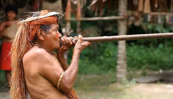 Yagua — A Yagua (Yahua) tribeman demonstrating the use of blowgun (blow dart), at one of the Amazonian islands near Iquitos, Peru.