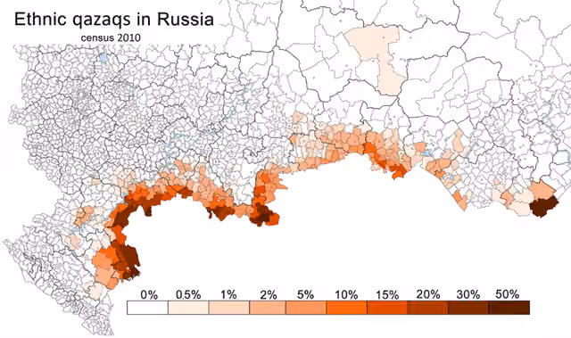 Kazakhs in Russia — Процент казахов в районах России по переписи населения 2010г.