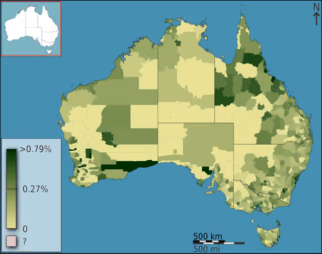 Spanish Australians — People of Spanish ancestry as a fraction of total persons, in Australia, Australia, according to the 2011 census results.