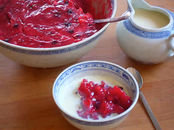 Pomeranian cuisine — en:Rote Grütze , red groat or red gruel, a dish from en:Schleswig-Holstein and en:Denmark - basically a pudding of red summer berries.