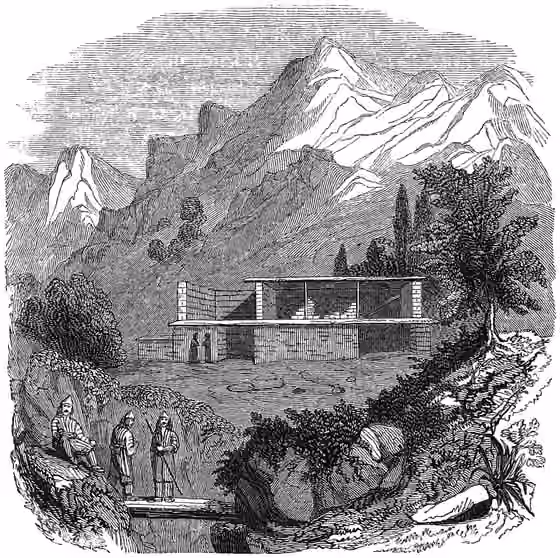 Tyari — A Nestorian house in the Tyari , from The Nestorians and their Rituals (1852), vol.