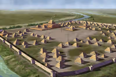 Casqui — Artists conception of the Parkin Mounds site, a Mississippian culture archaeological site located at the confluence of the St.
